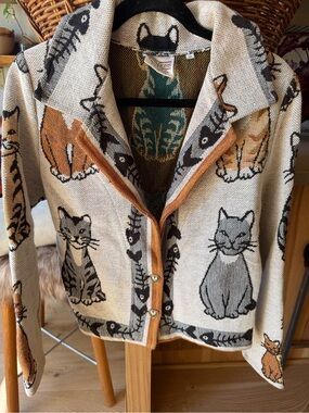 Heirlooms Laguna beach Beige Knit Cat Cardigan with Brown & Gray Motifs